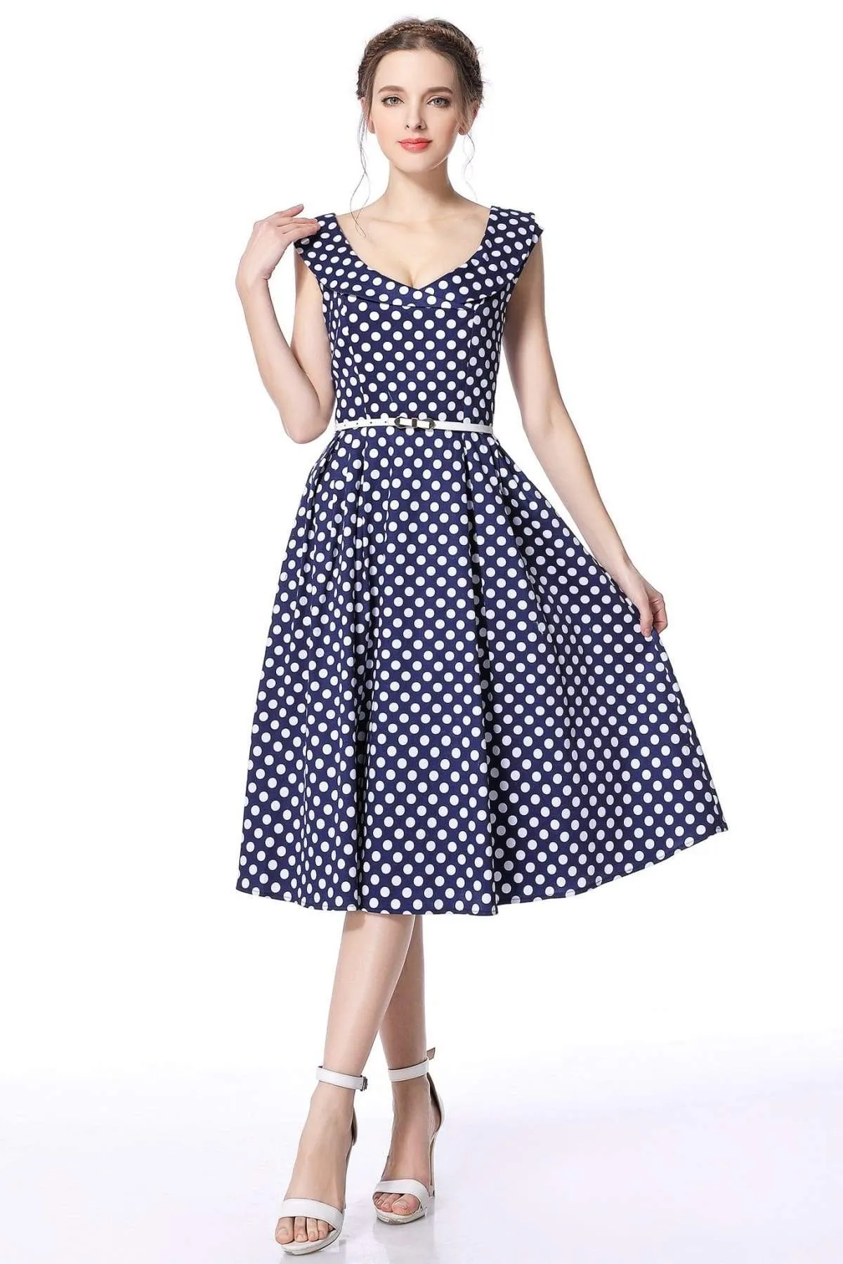 Navy & White Polka Dot Cross Neck Vintage Swing Dress