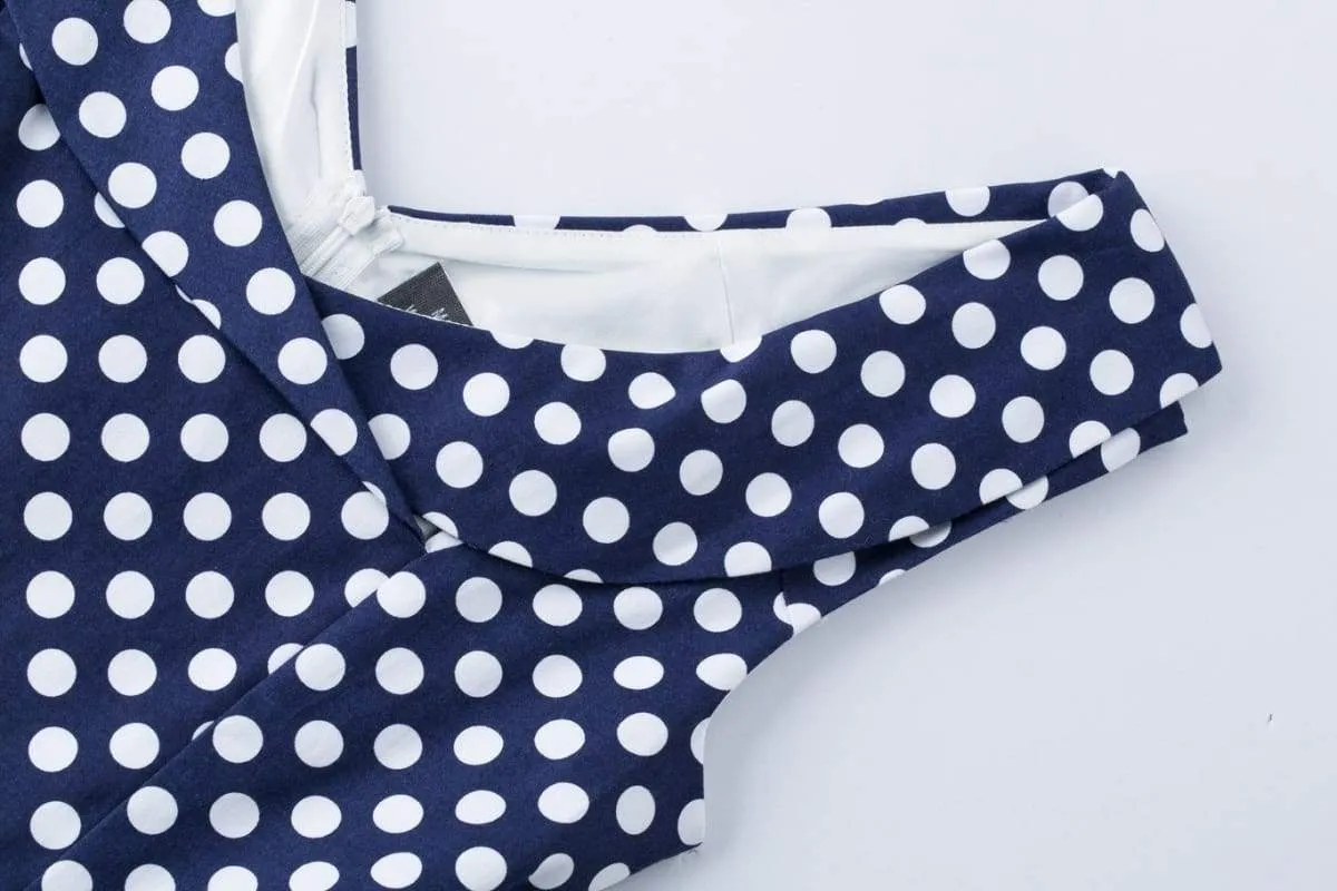 Navy & White Polka Dot Cross Neck Vintage Swing Dress