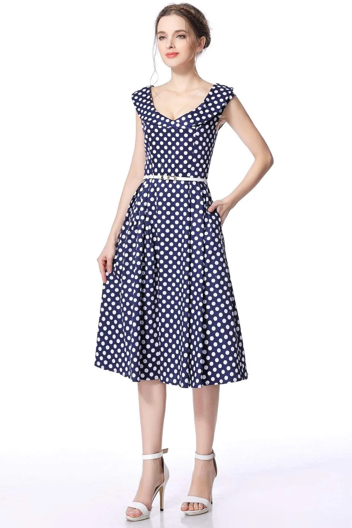 Navy & White Polka Dot Cross Neck Vintage Swing Dress