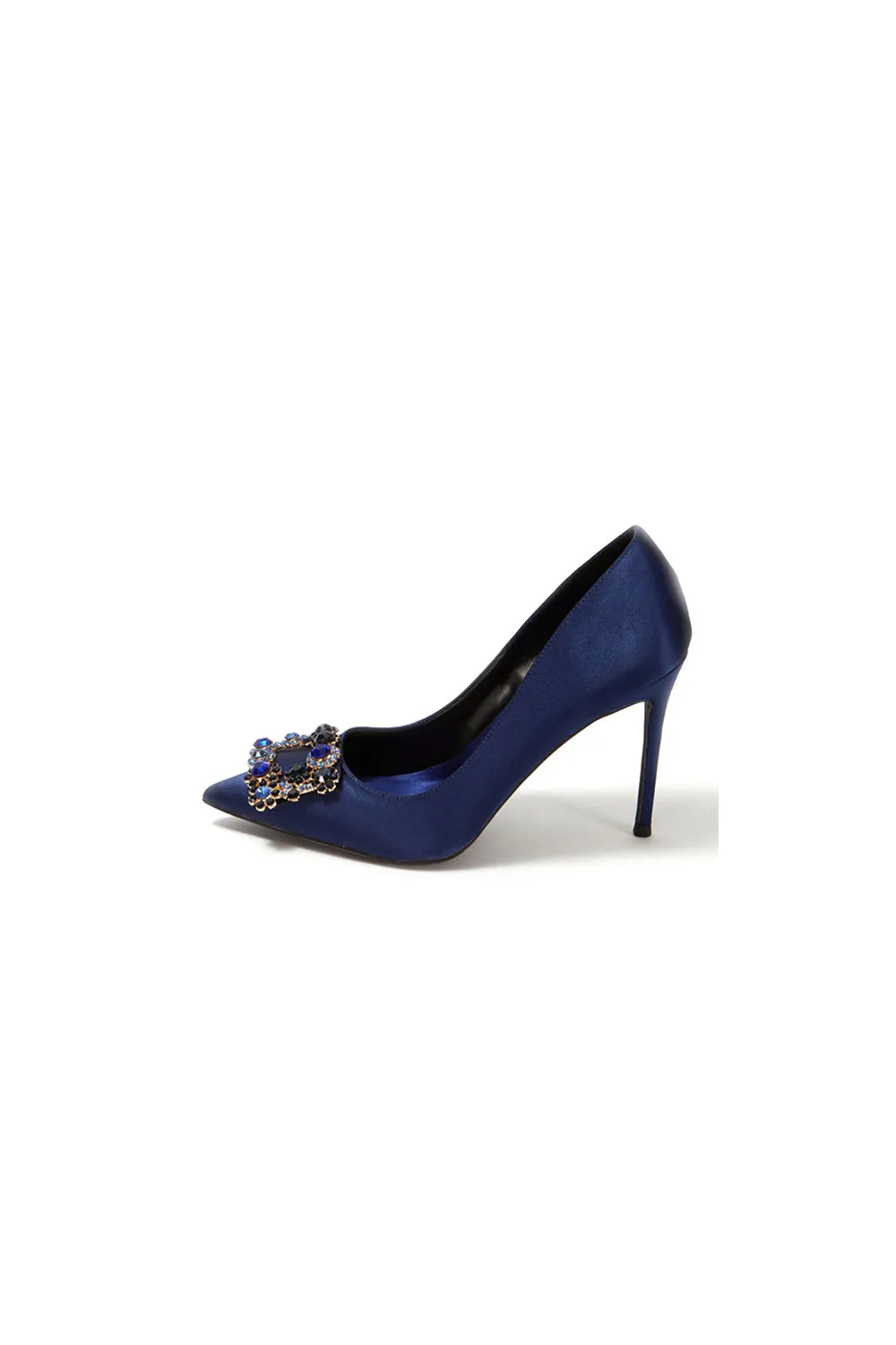 Navy Wedding Satin Pointed Toe Rhinestones Buckle Stiletto Heel Pumps