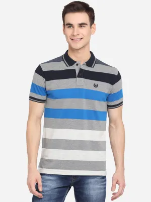 Neutral Grey Striped Slim Fit Polo T-Shirt | Greenfibre