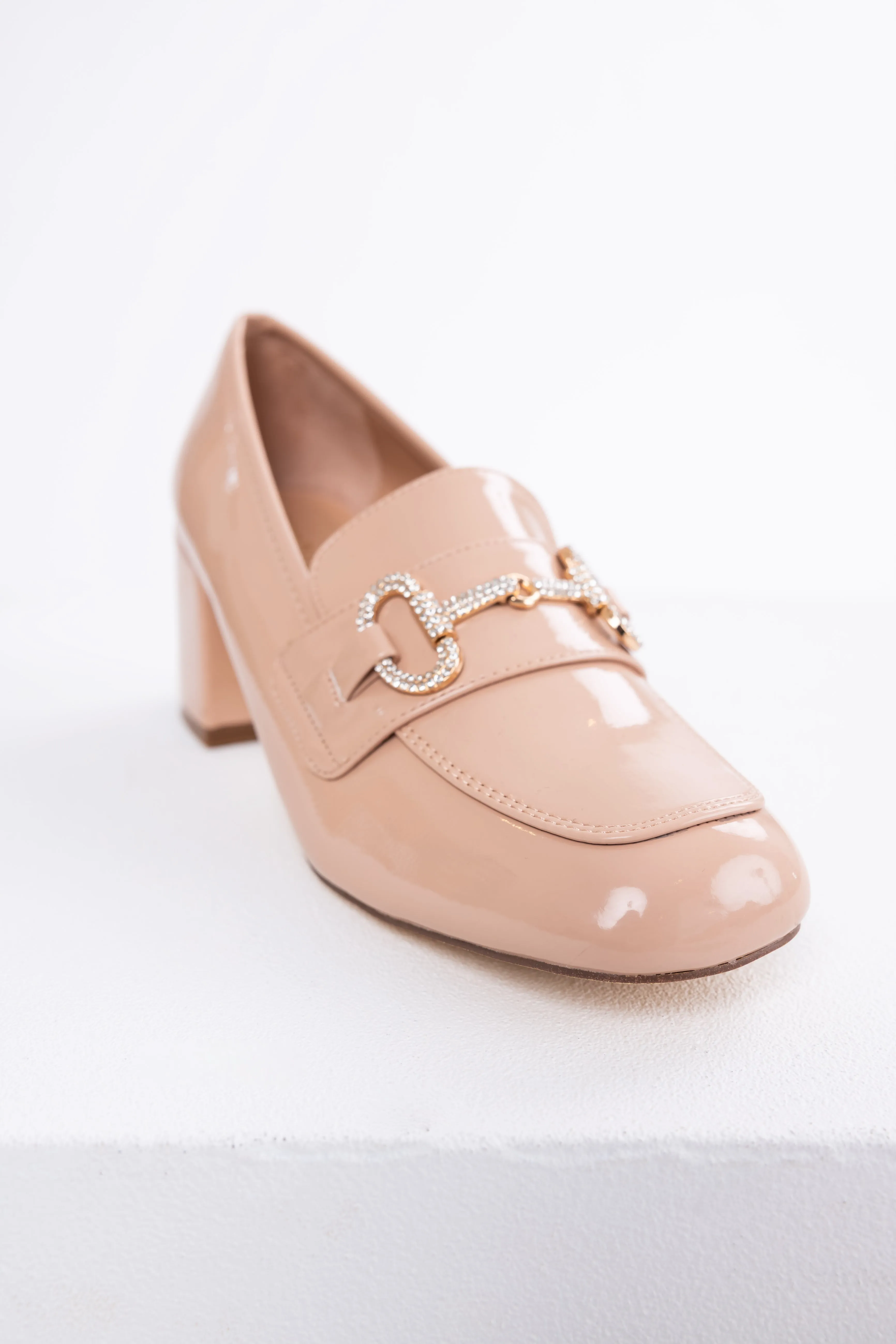 Nude Shiny Leather Block Heel Loafers