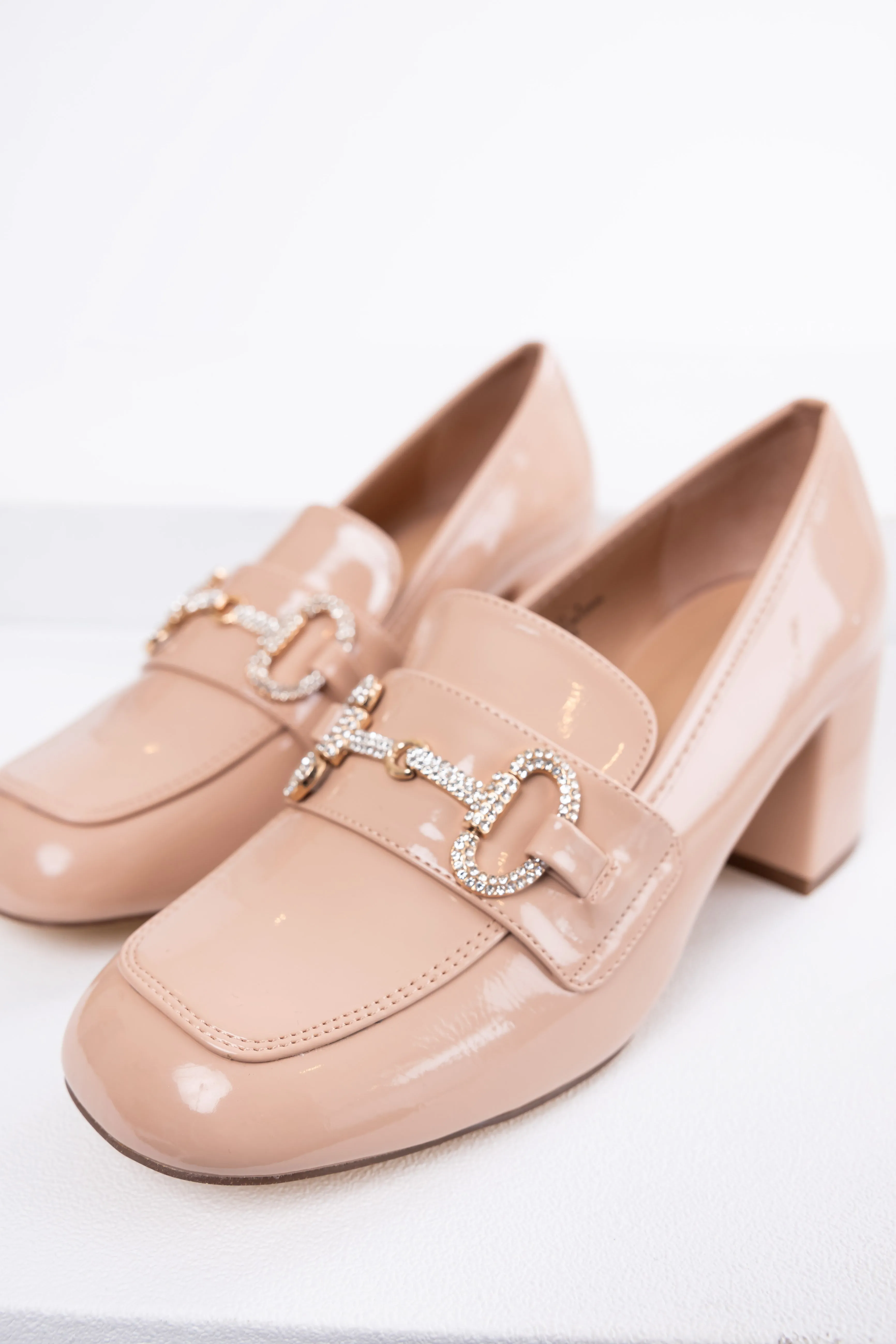 Nude Shiny Leather Block Heel Loafers