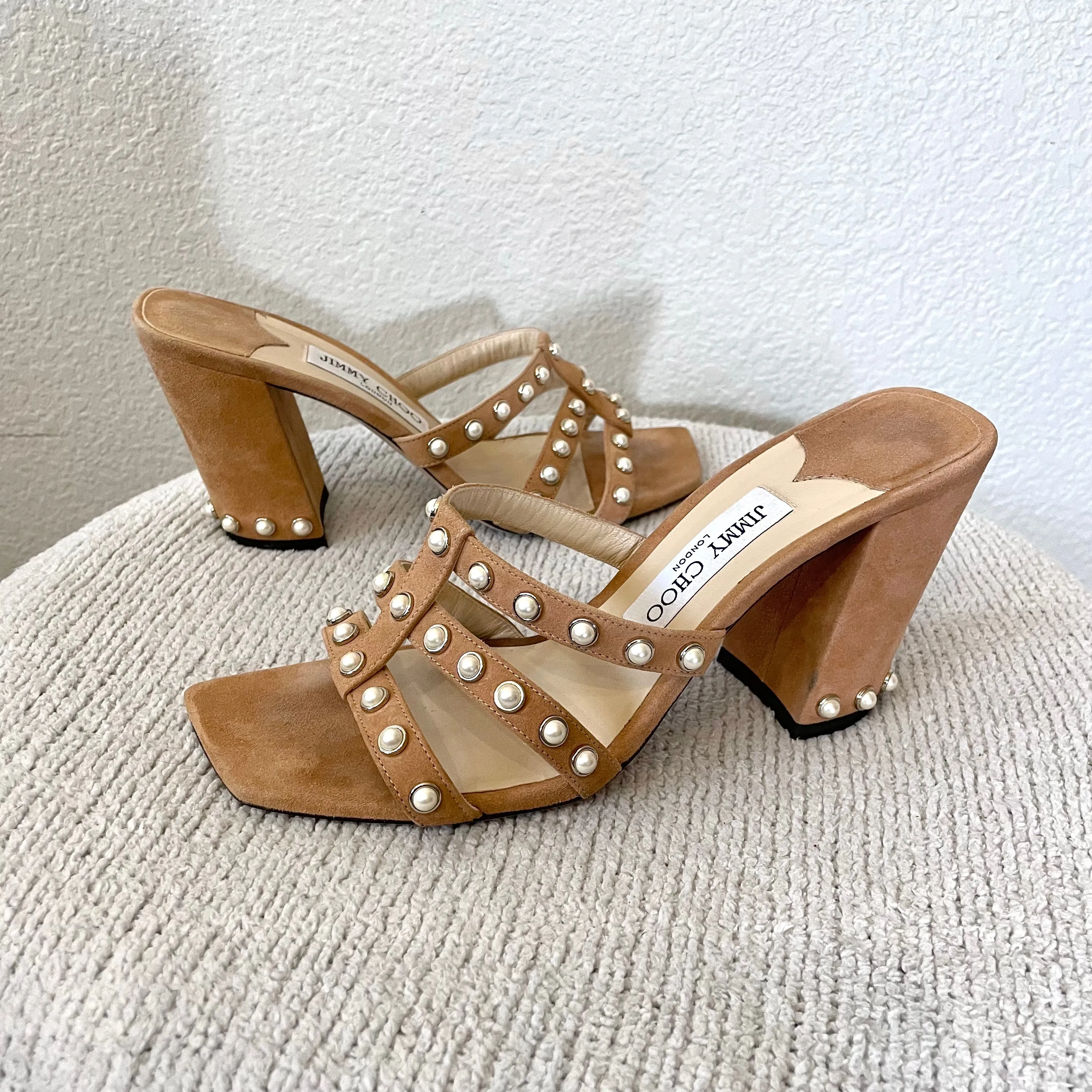 Pearl Stud Trim Suede Mules