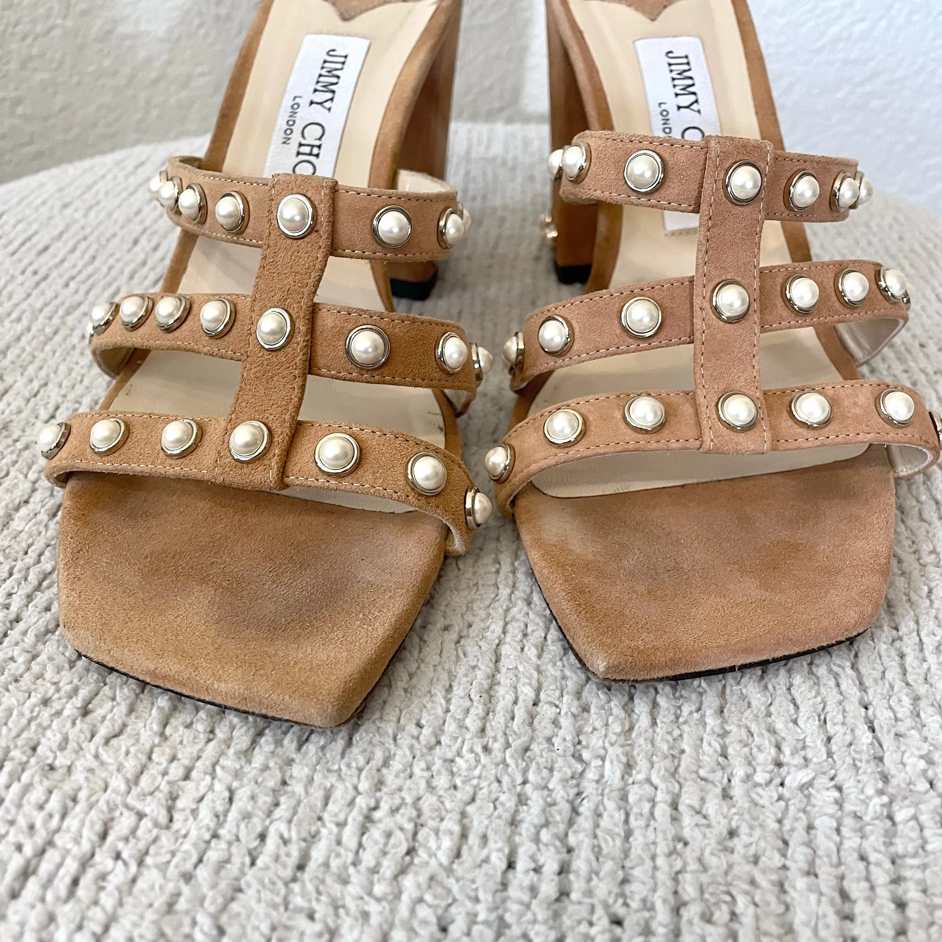 Pearl Stud Trim Suede Mules