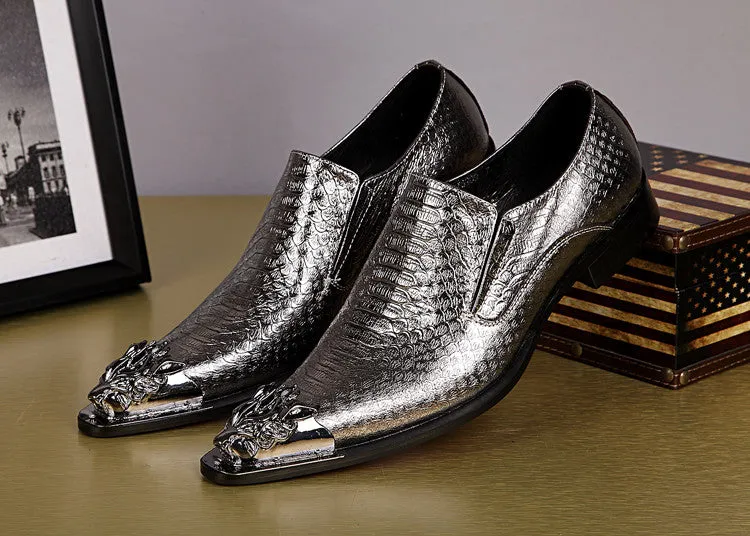 Shiny Men Leather Shoes Slip with Metal Pointed Toe