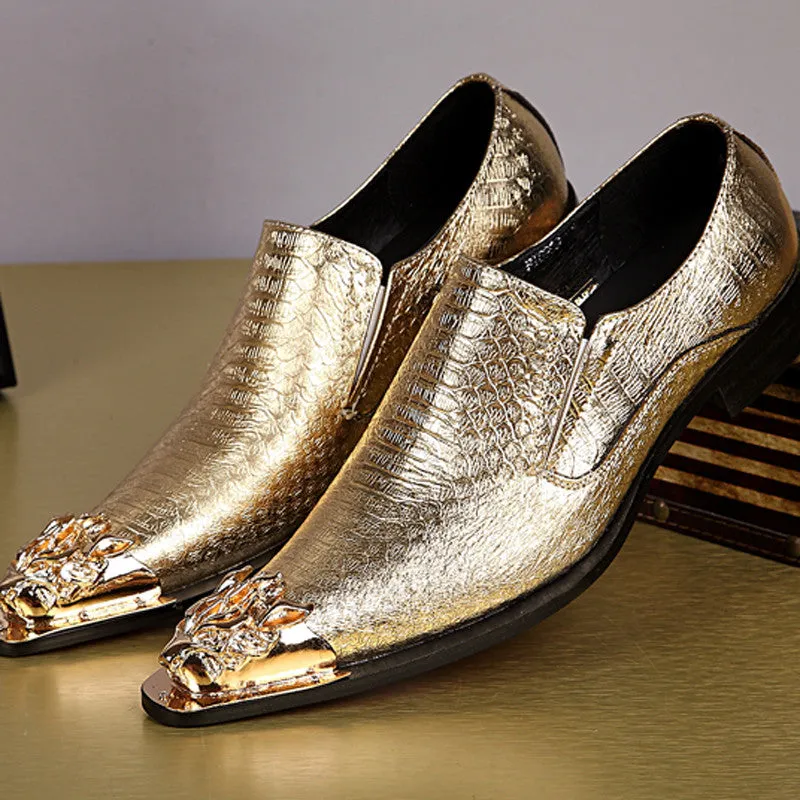 Shiny Men Leather Shoes Slip with Metal Pointed Toe