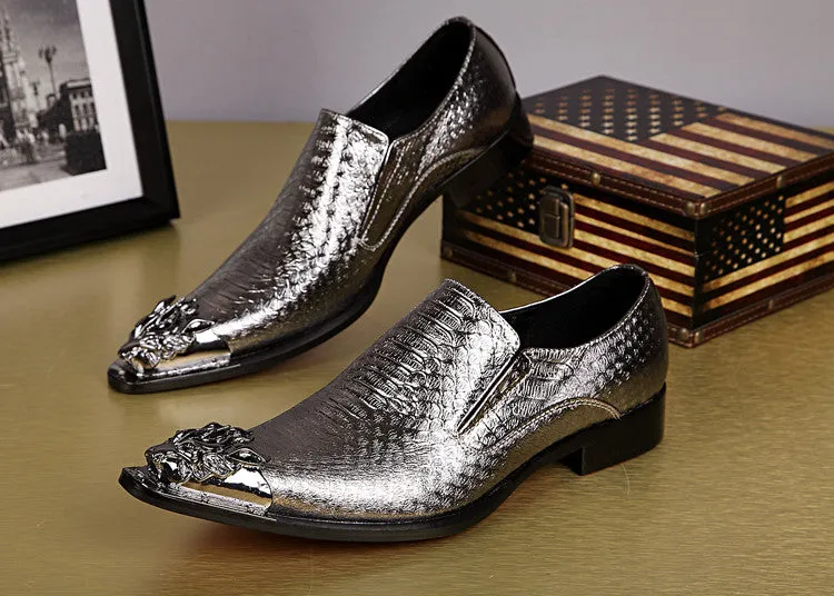 Shiny Men Leather Shoes Slip with Metal Pointed Toe