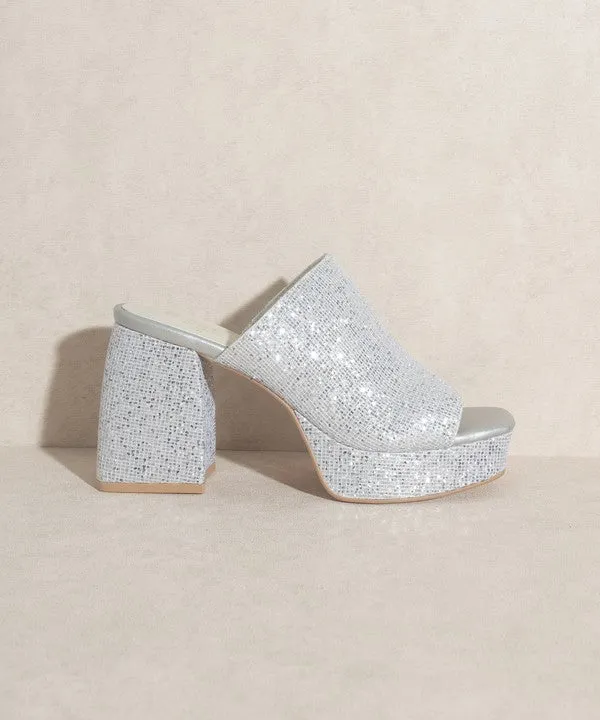 Silver Summer Rhinestone Shiny Chunky Heels