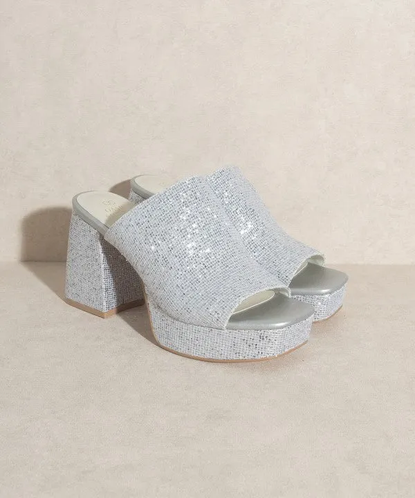 Silver Summer Rhinestone Shiny Chunky Heels