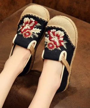 Soft Splicing Flats Black Cotton Linen Fabric Embroideried Flats Shoes