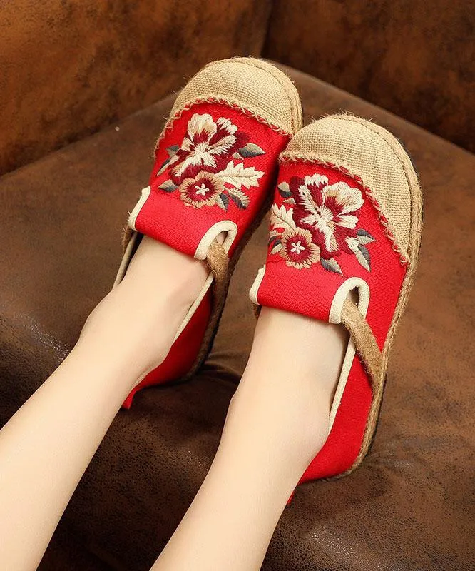 Soft Splicing Flats Black Cotton Linen Fabric Embroideried Flats Shoes