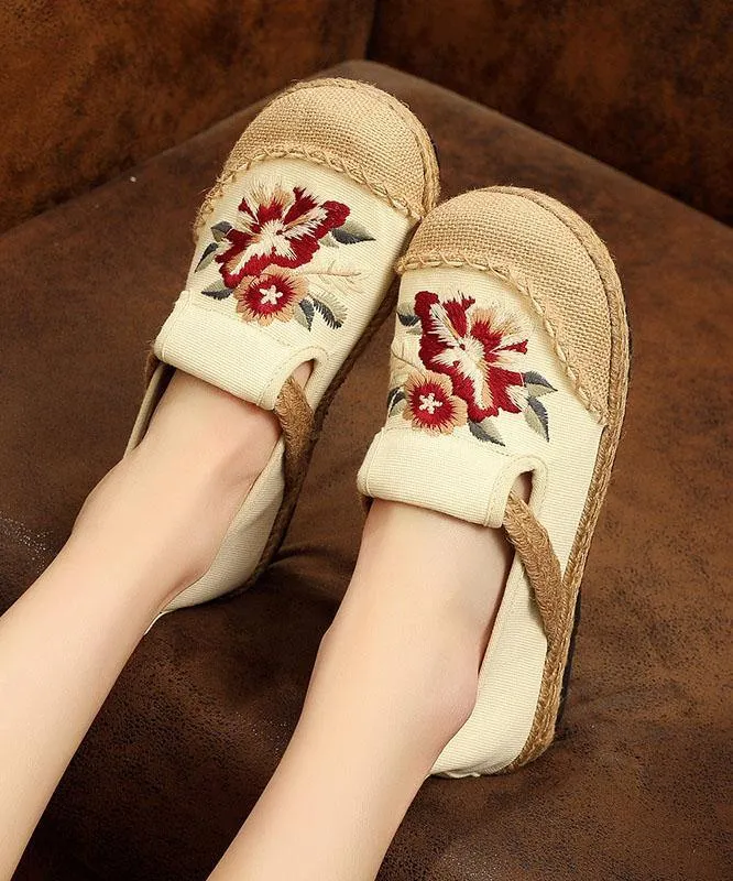 Soft Splicing Flats Black Cotton Linen Fabric Embroideried Flats Shoes