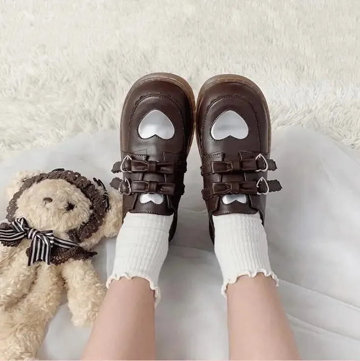 Sohiwoo Autumn winter sweet lolita shoes vintage round head plus velvet keep warm women shoes cute love bowknot student kawaii shoes cos