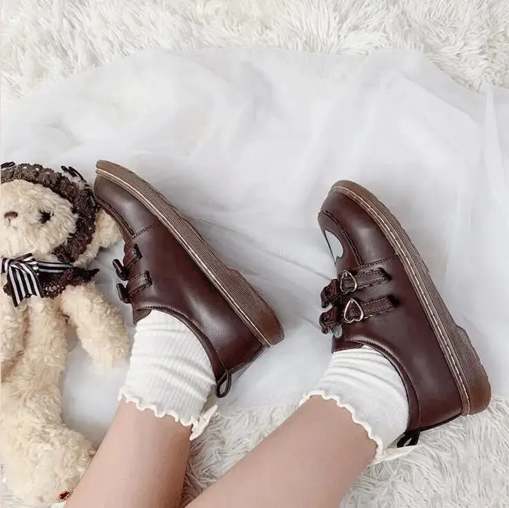 Sohiwoo Autumn winter sweet lolita shoes vintage round head plus velvet keep warm women shoes cute love bowknot student kawaii shoes cos