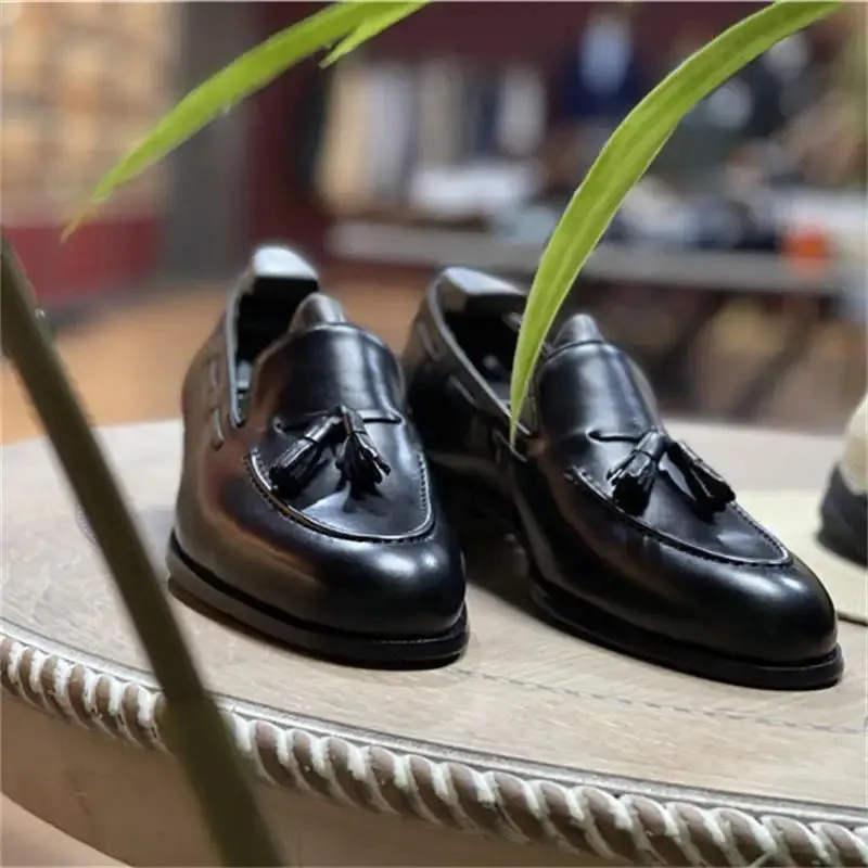 Solid Shiny Genuine Leather with Tassels Loafers