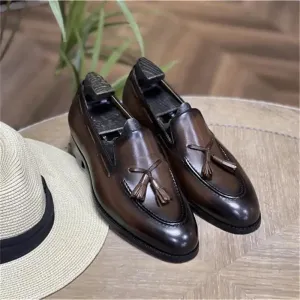 Solid Shiny Genuine Leather with Tassels Loafers