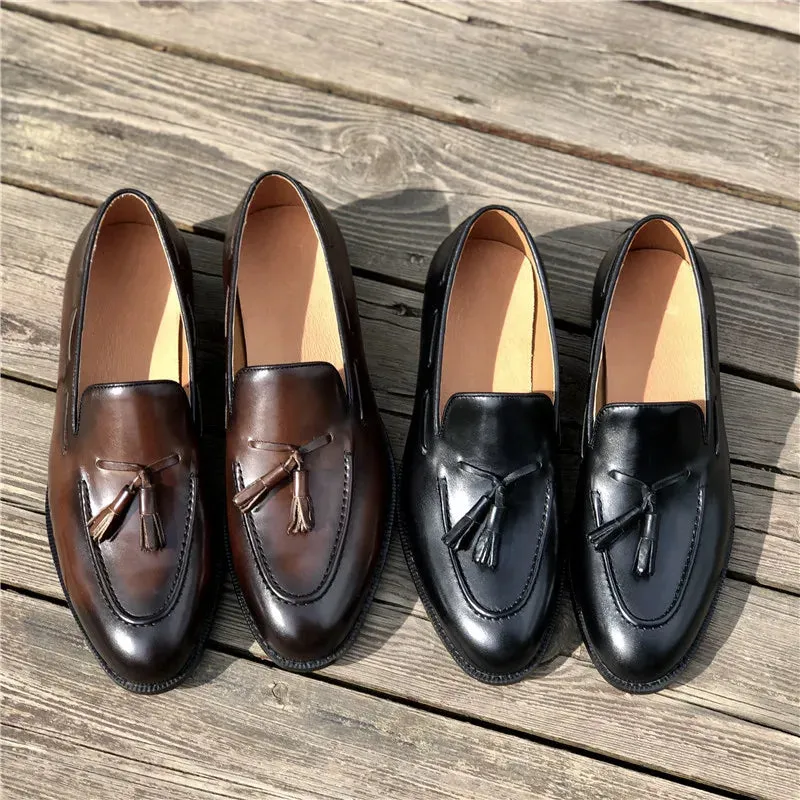 Solid Shiny Genuine Leather with Tassels Loafers