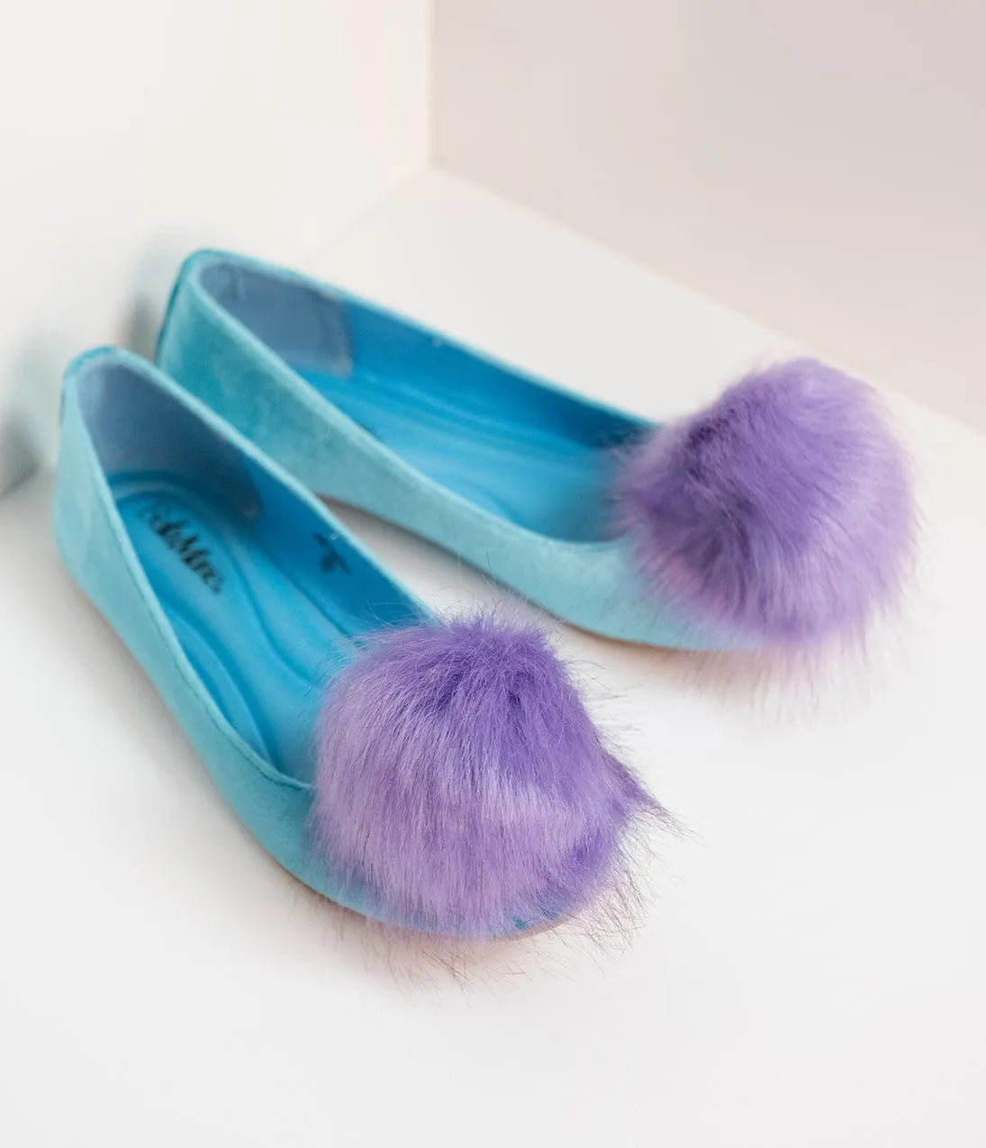 Teal Velvet & Purple Pom Pom Ballet Flats