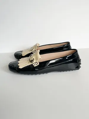 TOD'S Black Cream Fringed Patent Leather Loafers - Size 34