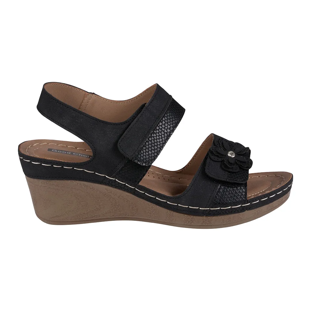 Tulip Velcro Black Double Band Flower Wedge Sandals