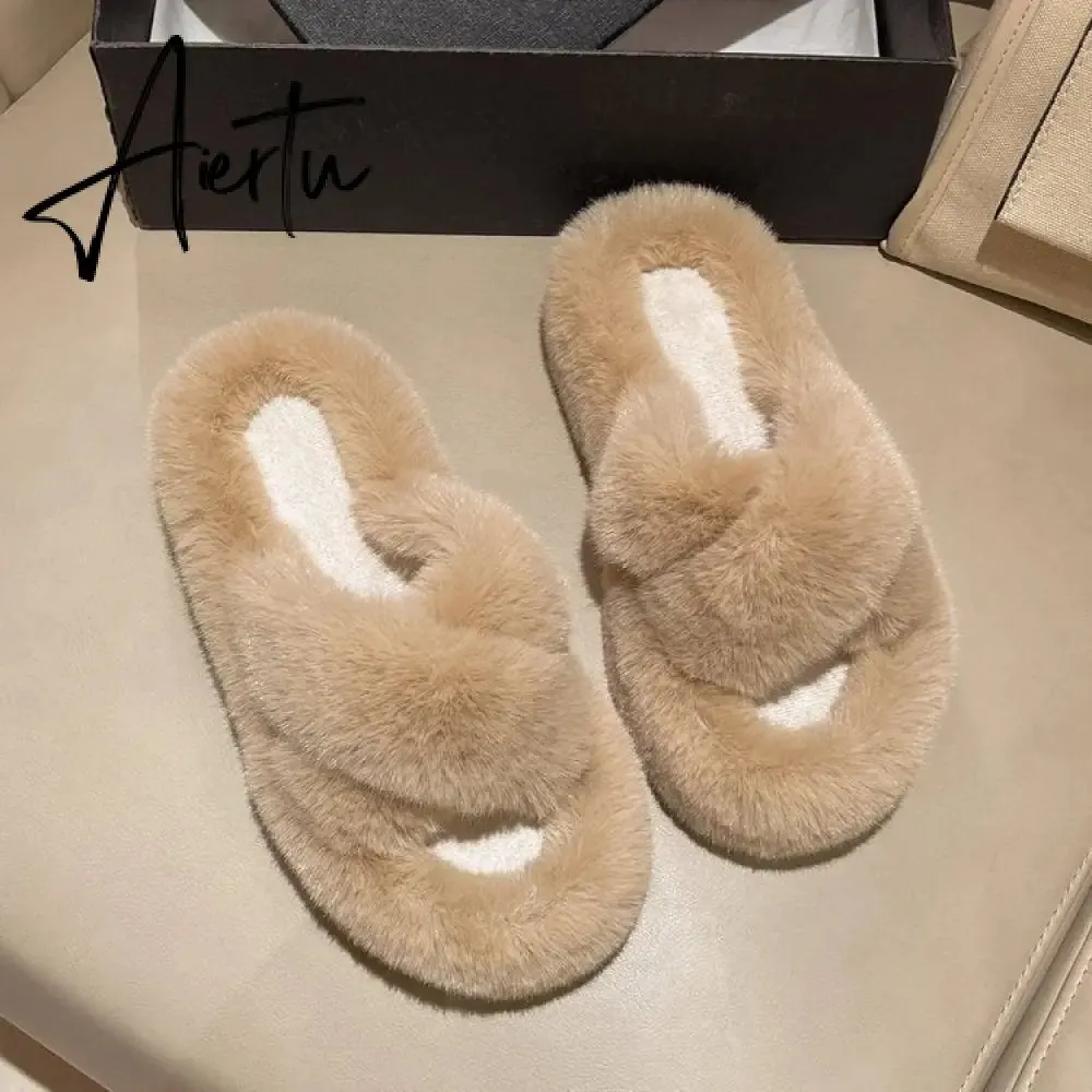 Winter Warm Fashion Slipper Women Modern Slides Outside Design Fluffy Slippers Indoor Soft Plush Shoes Women Warm Slippers