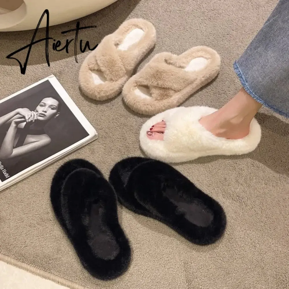 Winter Warm Fashion Slipper Women Modern Slides Outside Design Fluffy Slippers Indoor Soft Plush Shoes Women Warm Slippers