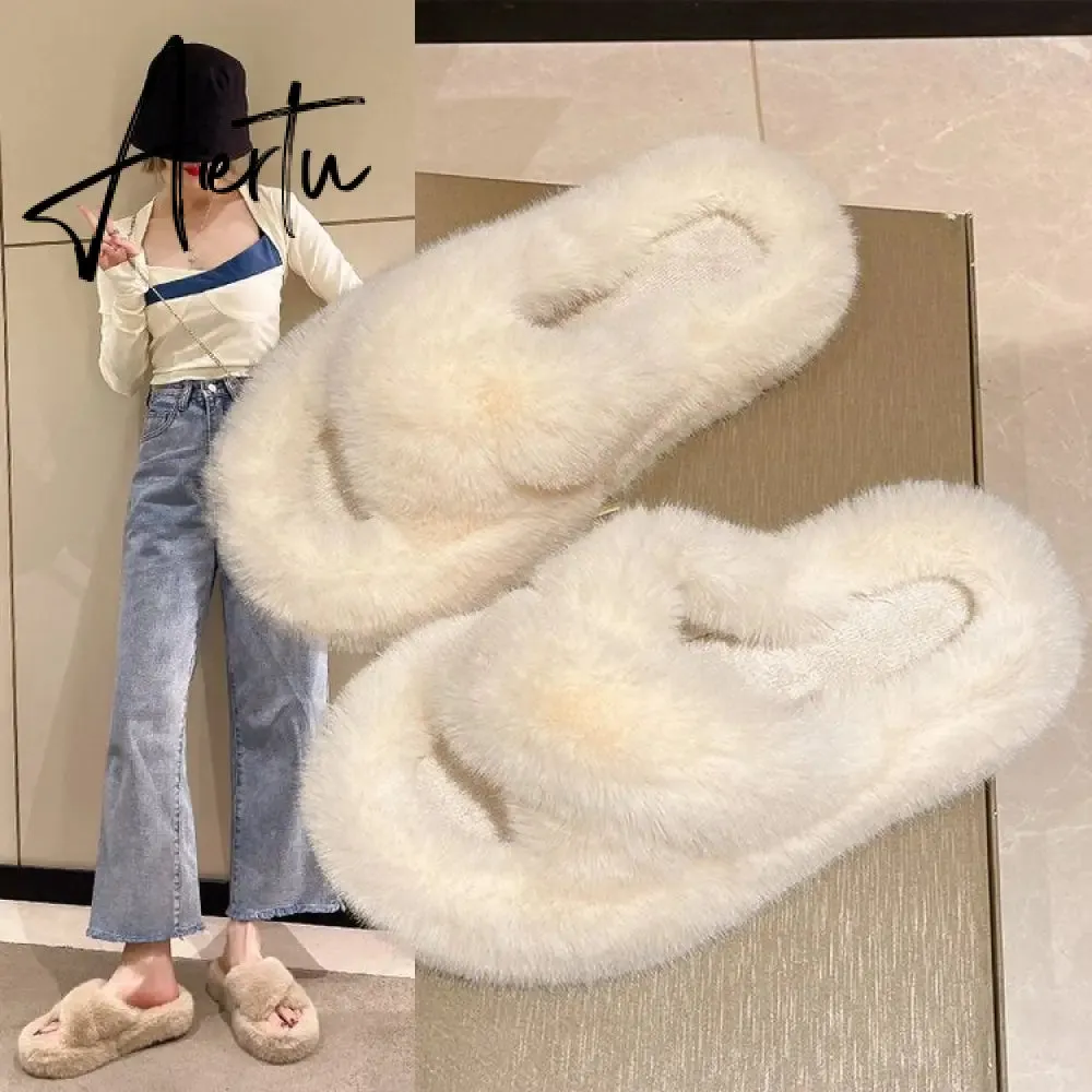 Winter Warm Fashion Slipper Women Modern Slides Outside Design Fluffy Slippers Indoor Soft Plush Shoes Women Warm Slippers