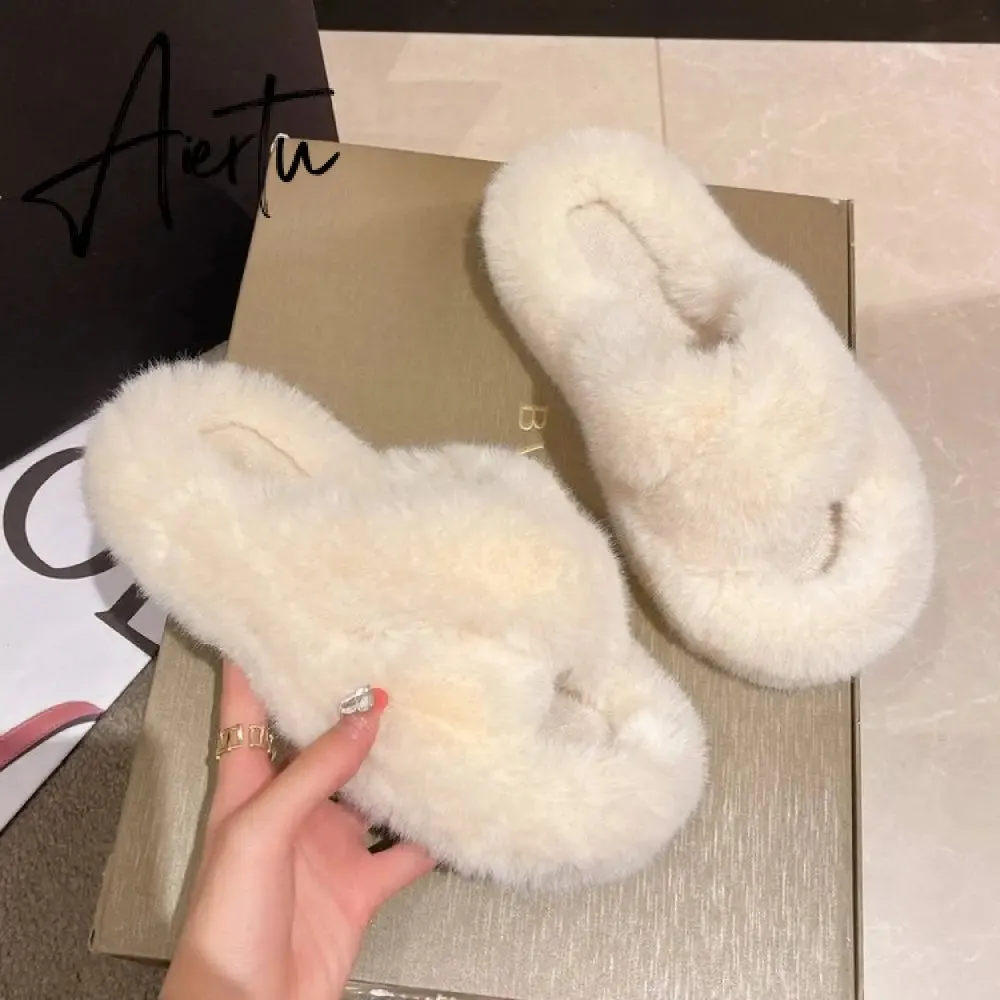 Winter Warm Fashion Slipper Women Modern Slides Outside Design Fluffy Slippers Indoor Soft Plush Shoes Women Warm Slippers