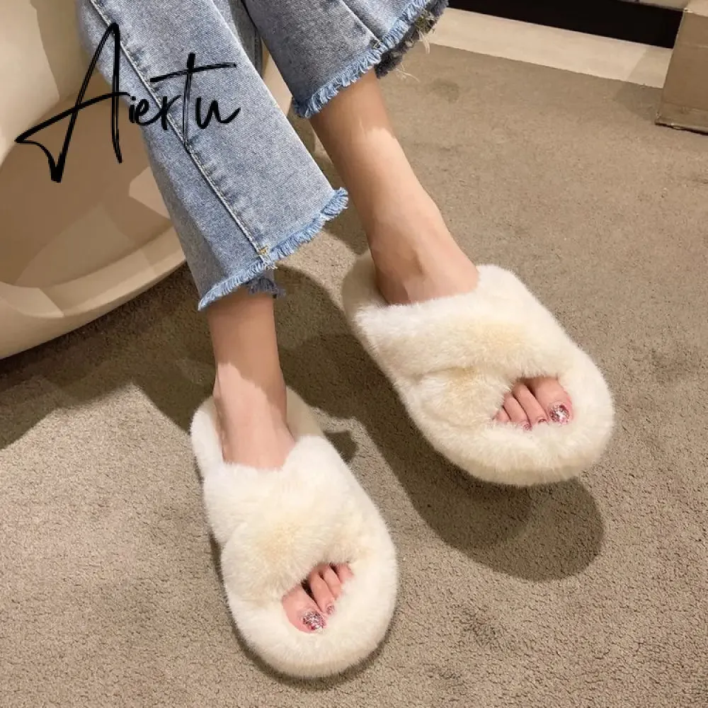 Winter Warm Fashion Slipper Women Modern Slides Outside Design Fluffy Slippers Indoor Soft Plush Shoes Women Warm Slippers