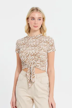 Woman Beige Printed Rib Top