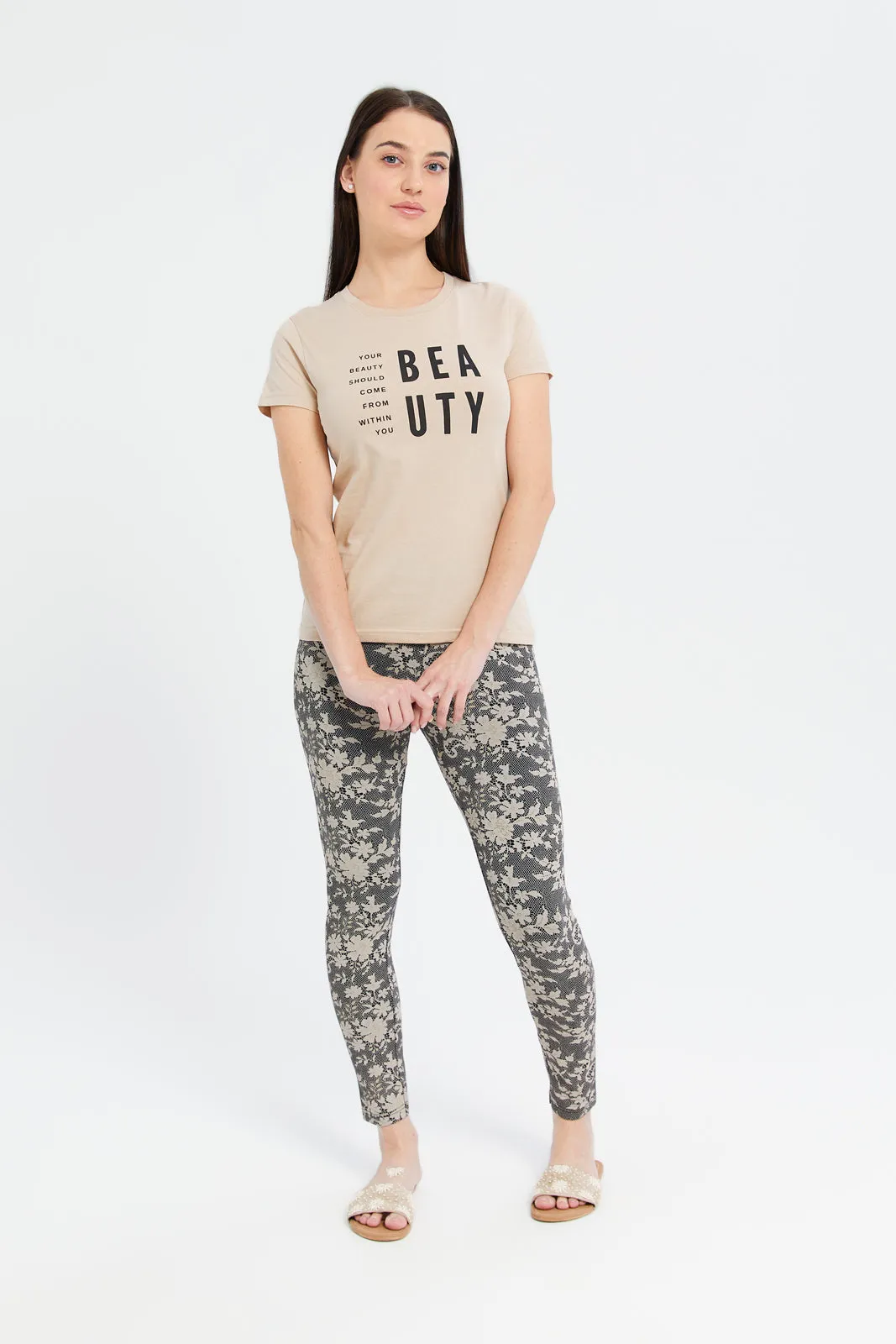 Women Beige Beauty Printed T-Shirt