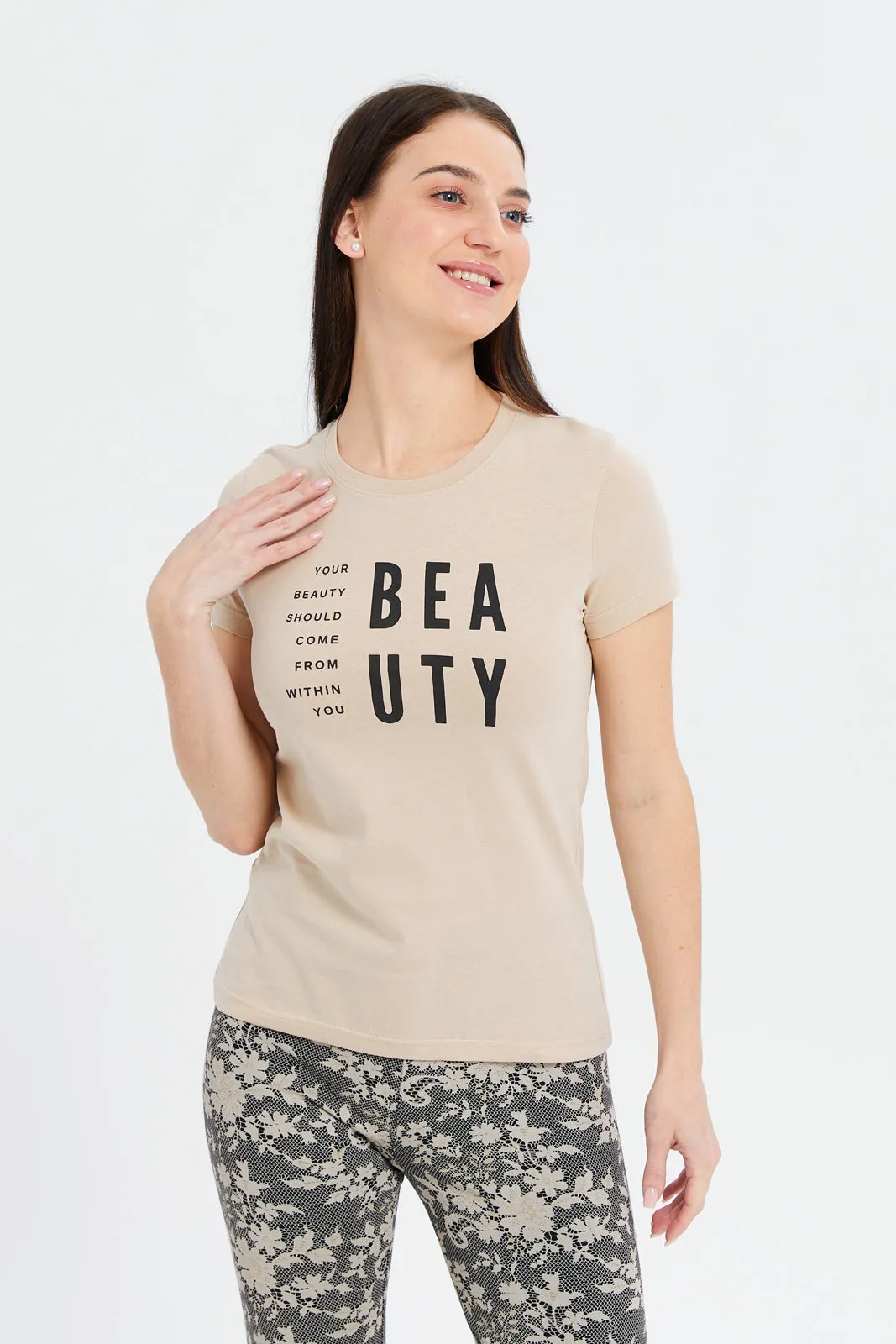 Women Beige Beauty Printed T-Shirt