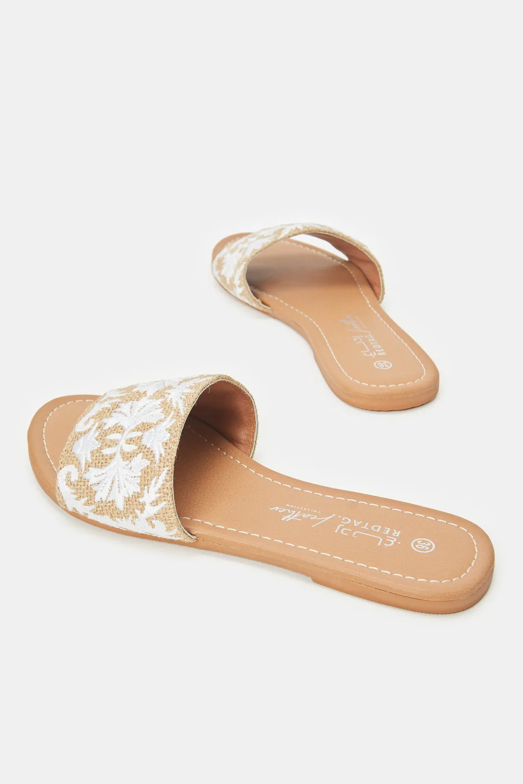 Women Beige Embroidered Mule