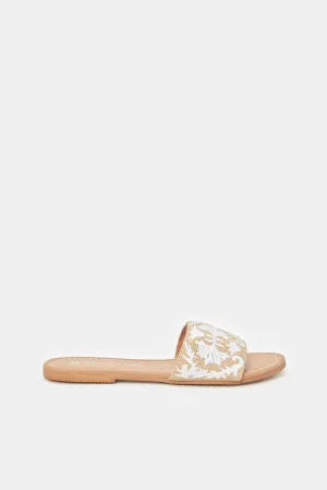 Women Beige Embroidered Mule