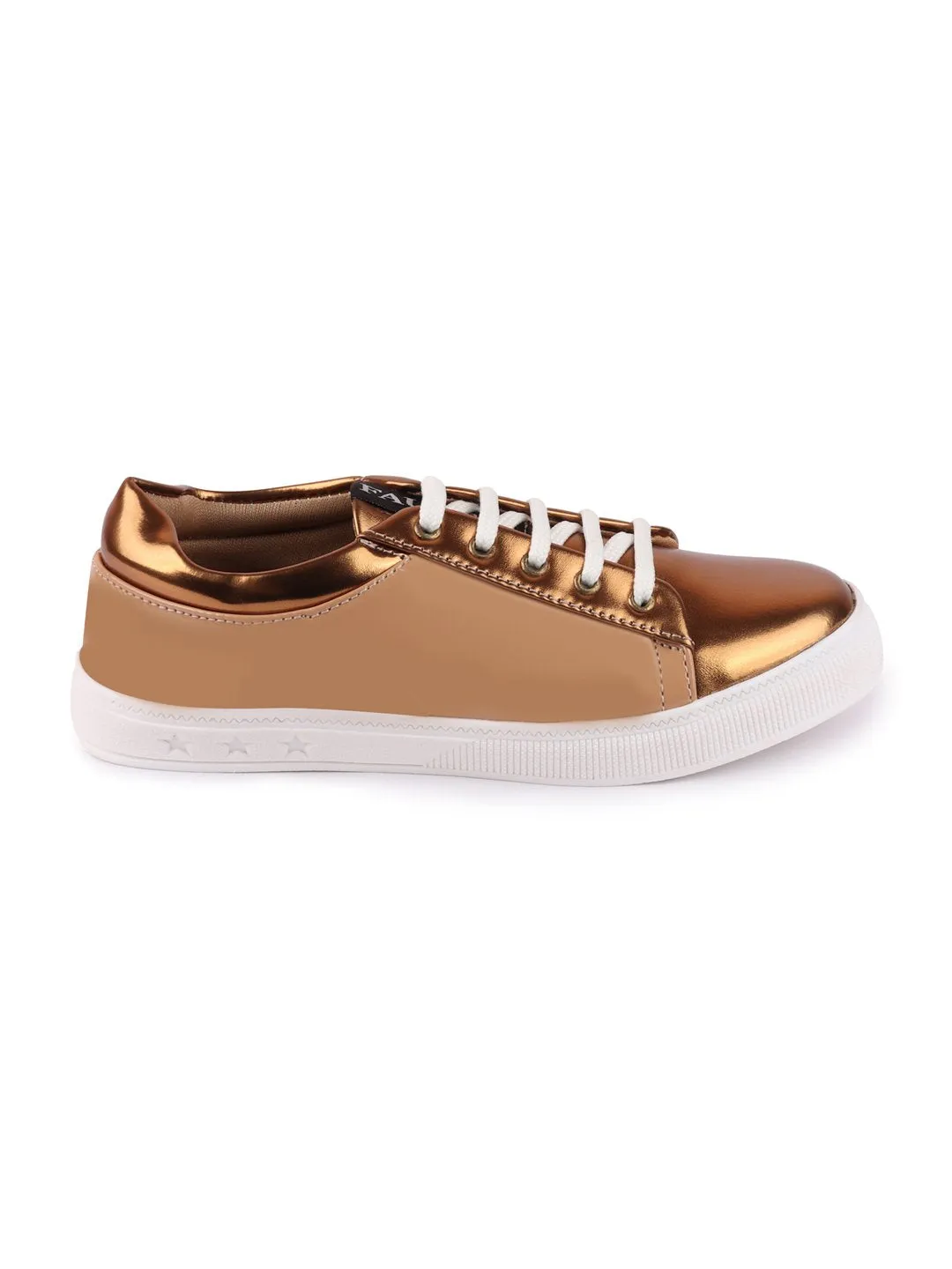 Women Beige/Antique Casual Faux Leather Lace-Up Sneakers