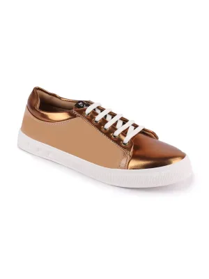 Women Beige/Antique Casual Faux Leather Lace-Up Sneakers