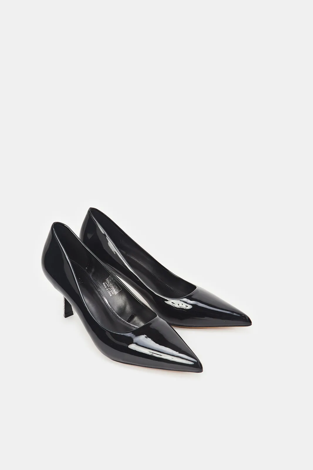 Women Black Court Shoe With Diamante Trim