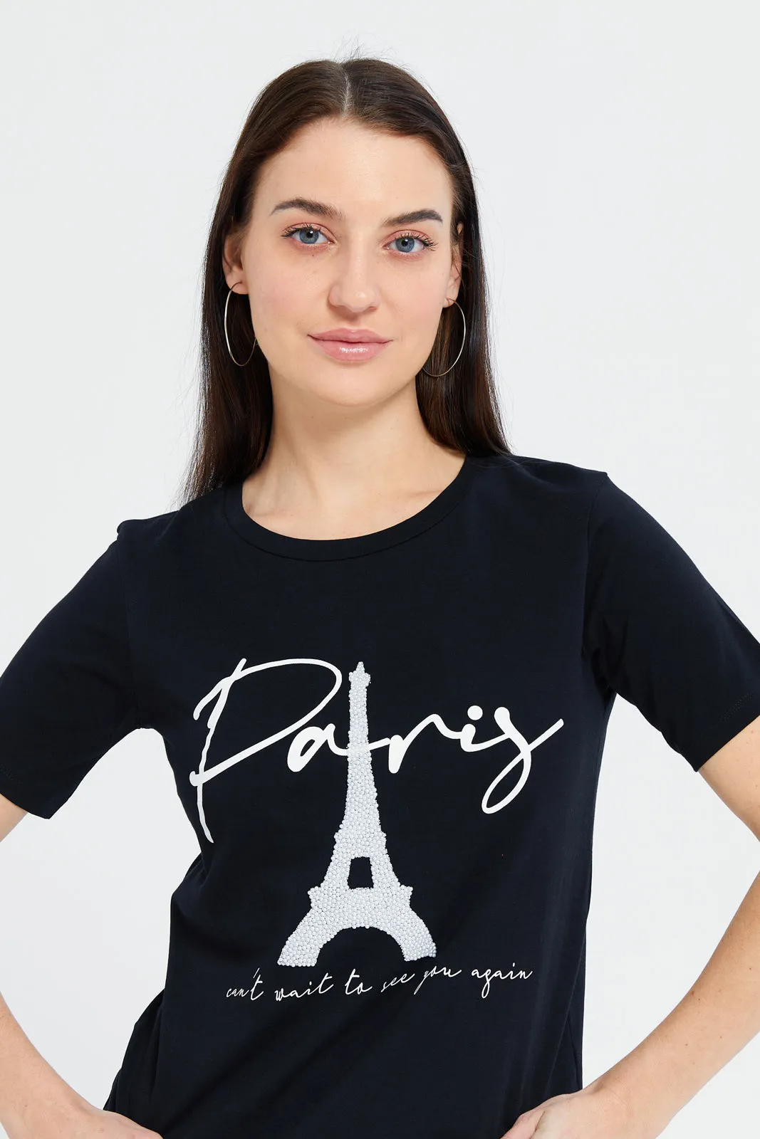 Women Black Paris Pearl Embellished T-Shirt