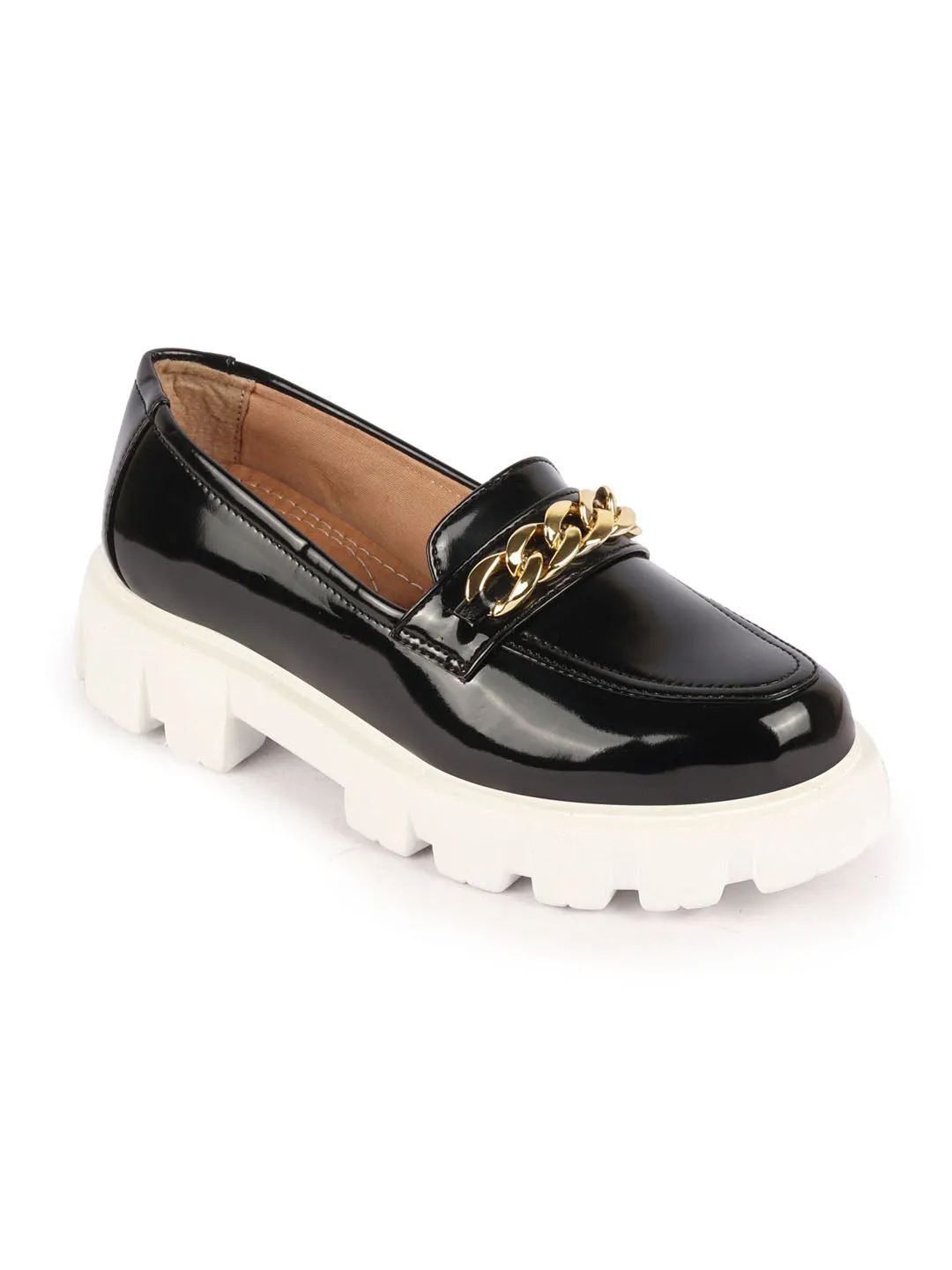 Women Black Patent Leather Shiny Chain Buckle Classic Casual Slip On Loafer Shoes