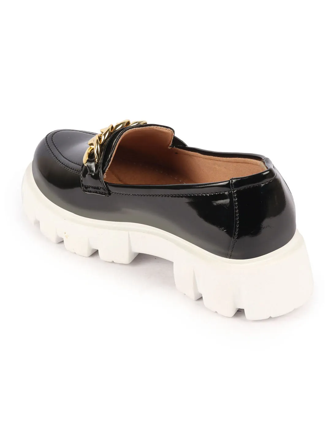 Women Black Patent Leather Shiny Chain Buckle Classic Casual Slip On Loafer Shoes