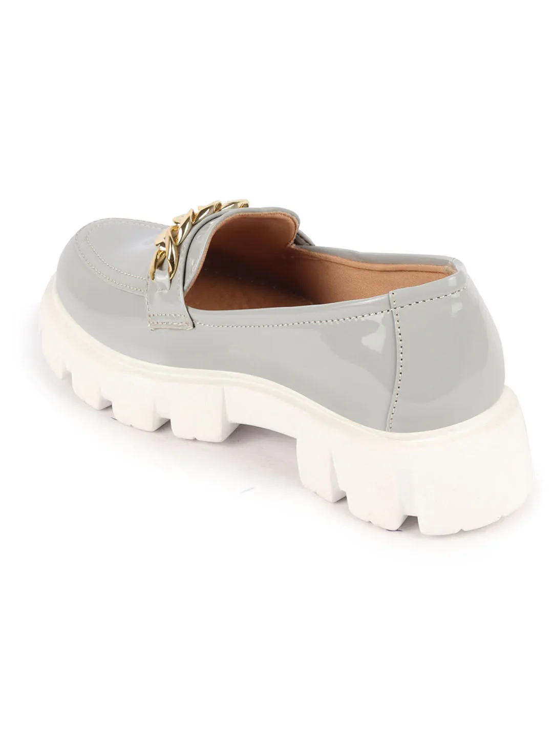 Women Grey Patent Leather Shiny Chain Buckle Classic Casual Slip On Loafer Shoes