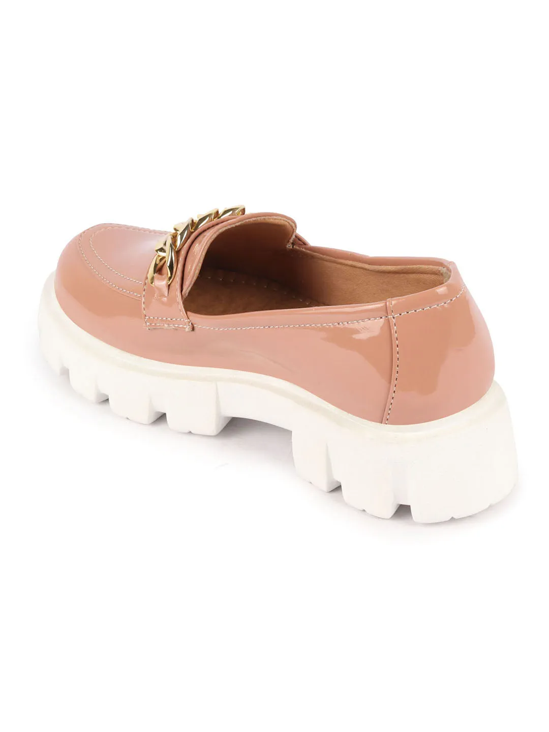 Women Peach Patent Leather Shiny Chain Buckle Classic Casual Slip On Loafer Shoes