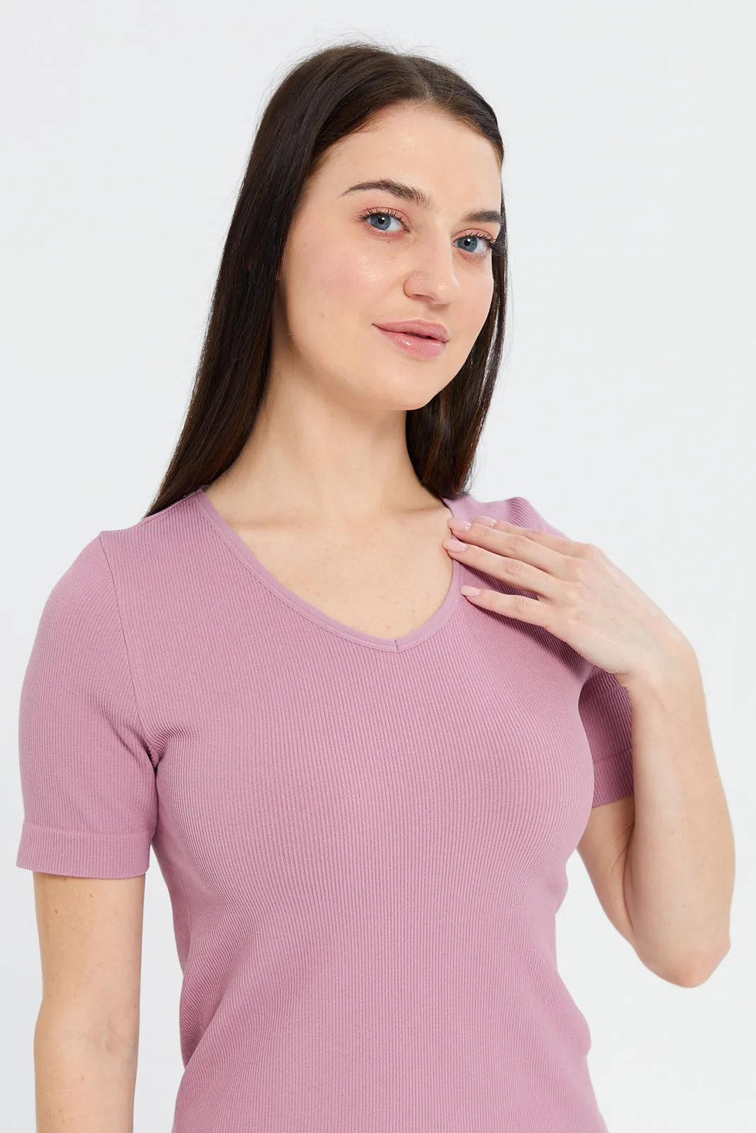 Women Pink Ribbed Top