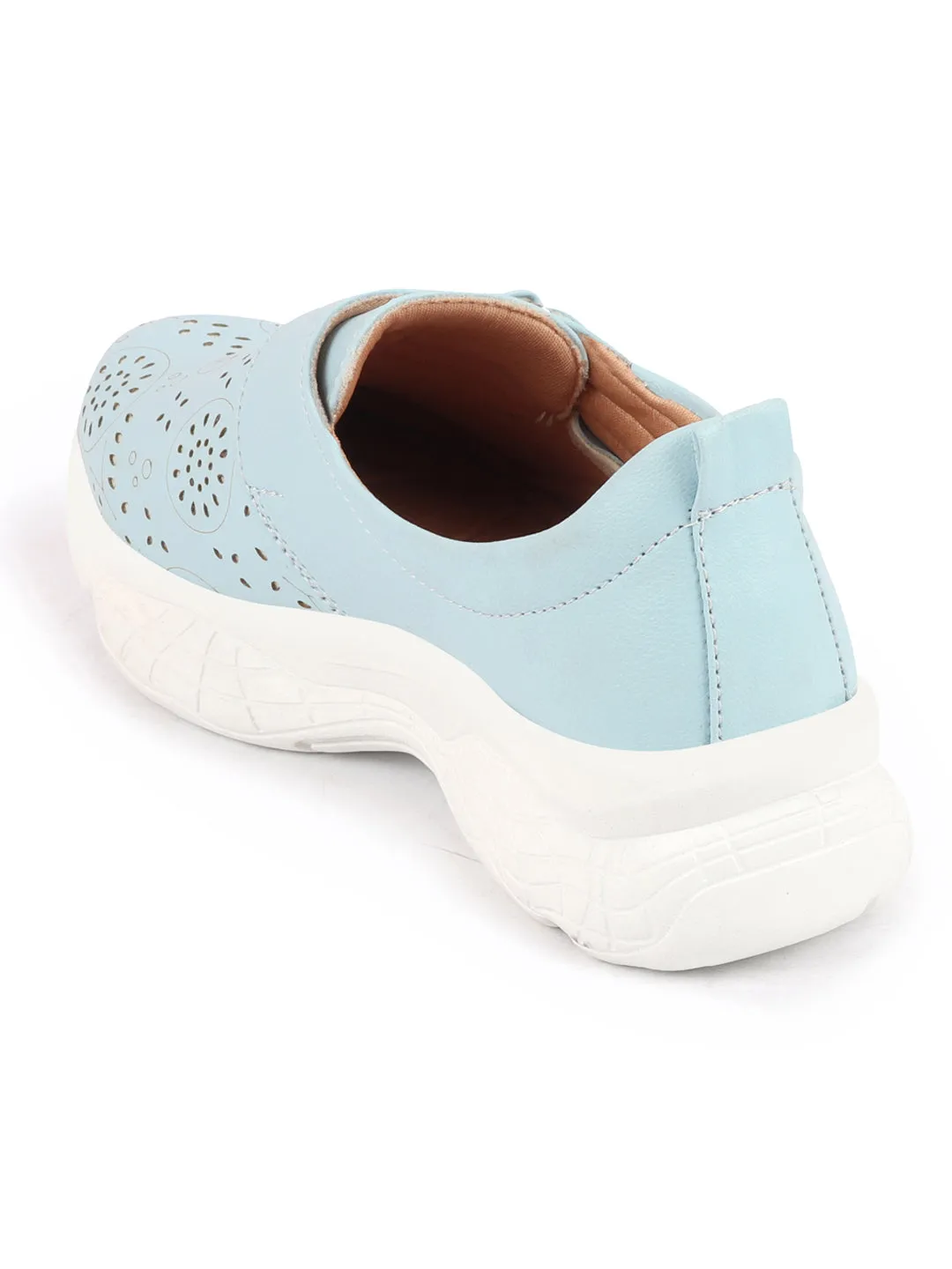 Women Sky Blue Laser Cut Design Stitched Back Open Hook & Loop Buckle Mules Shoes