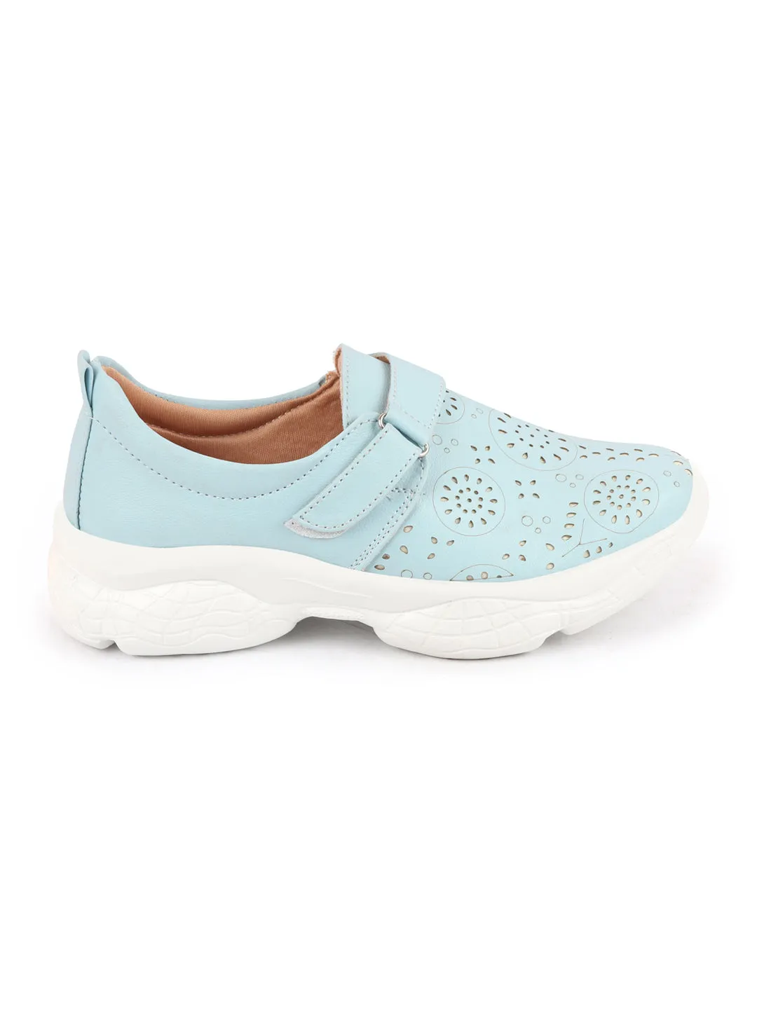 Women Sky Blue Laser Cut Design Stitched Back Open Hook & Loop Buckle Mules Shoes