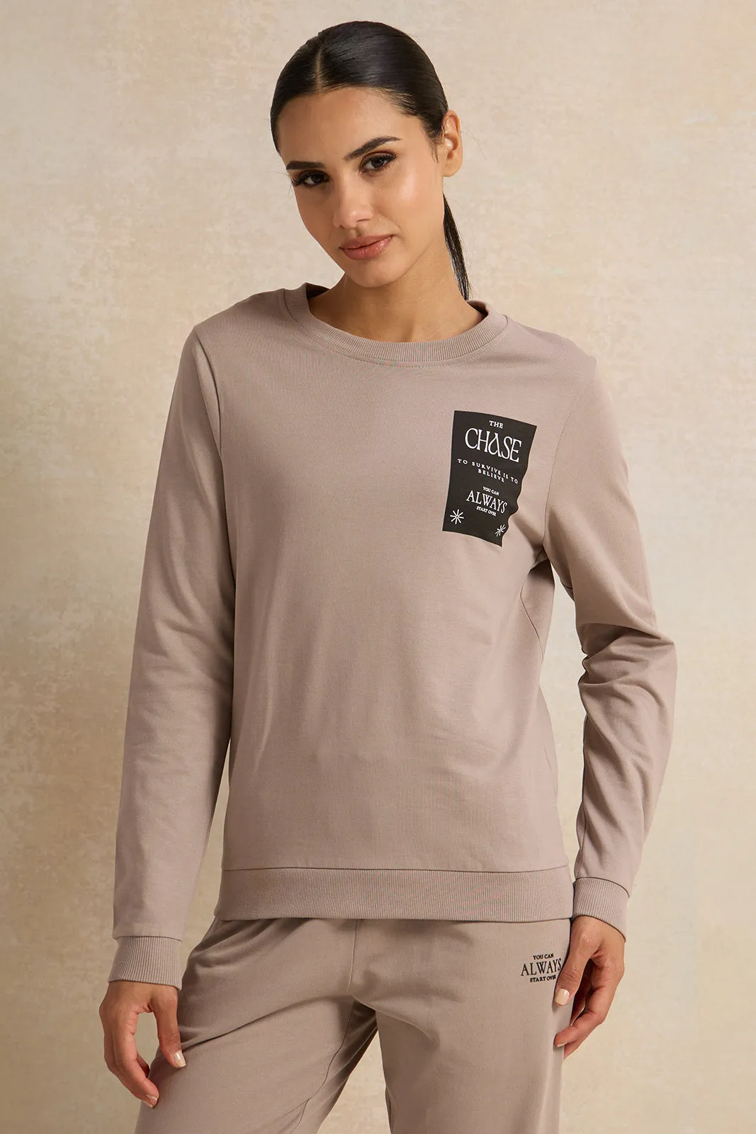 Women Taupe Printed Sweatshirt