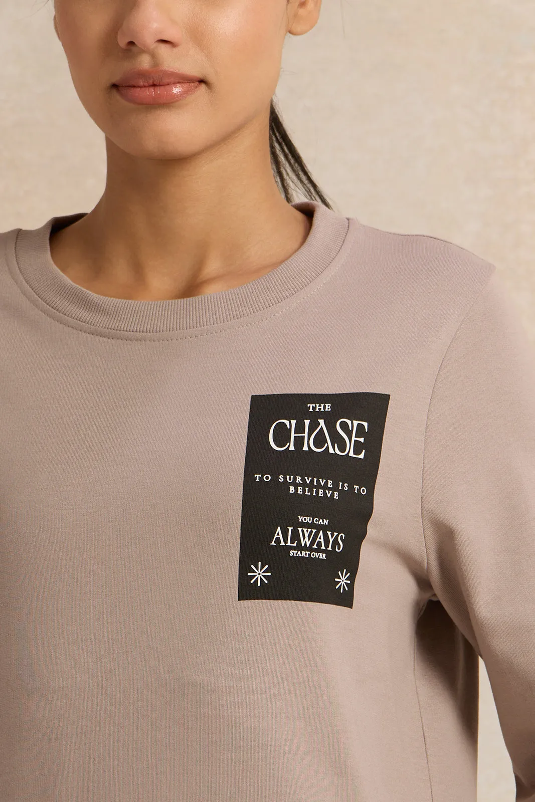 Women Taupe Printed Sweatshirt