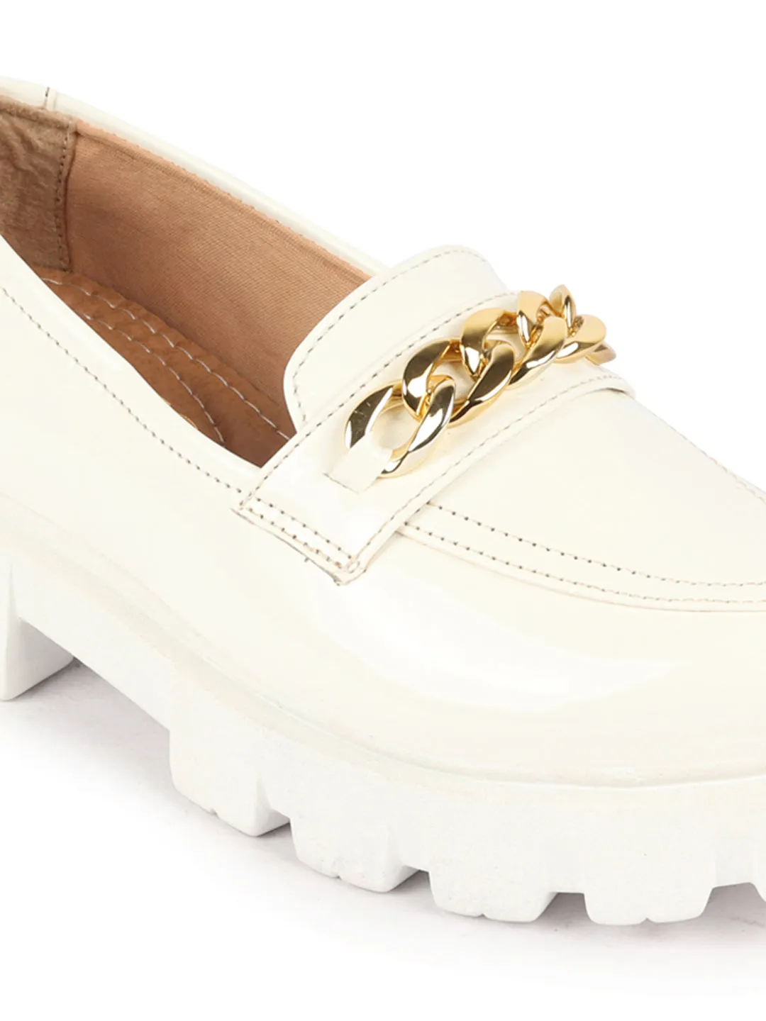 Women White Patent Leather Shiny Chain Buckle Classic Casual Slip On Loafer Shoes