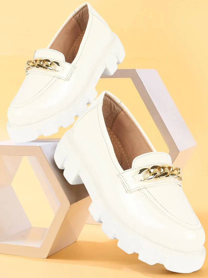 Women White Patent Leather Shiny Chain Buckle Classic Casual Slip On Loafer Shoes